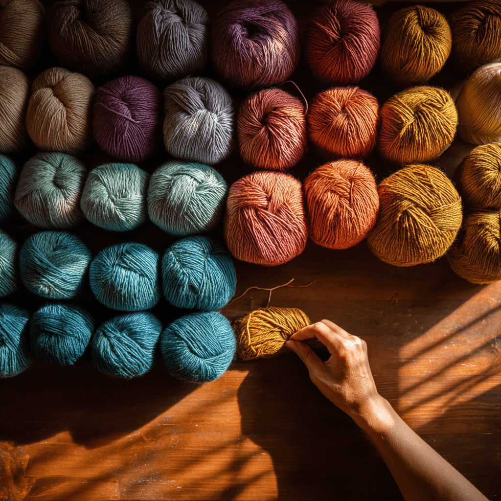 Neatly organized yarn skeins in jewel tones